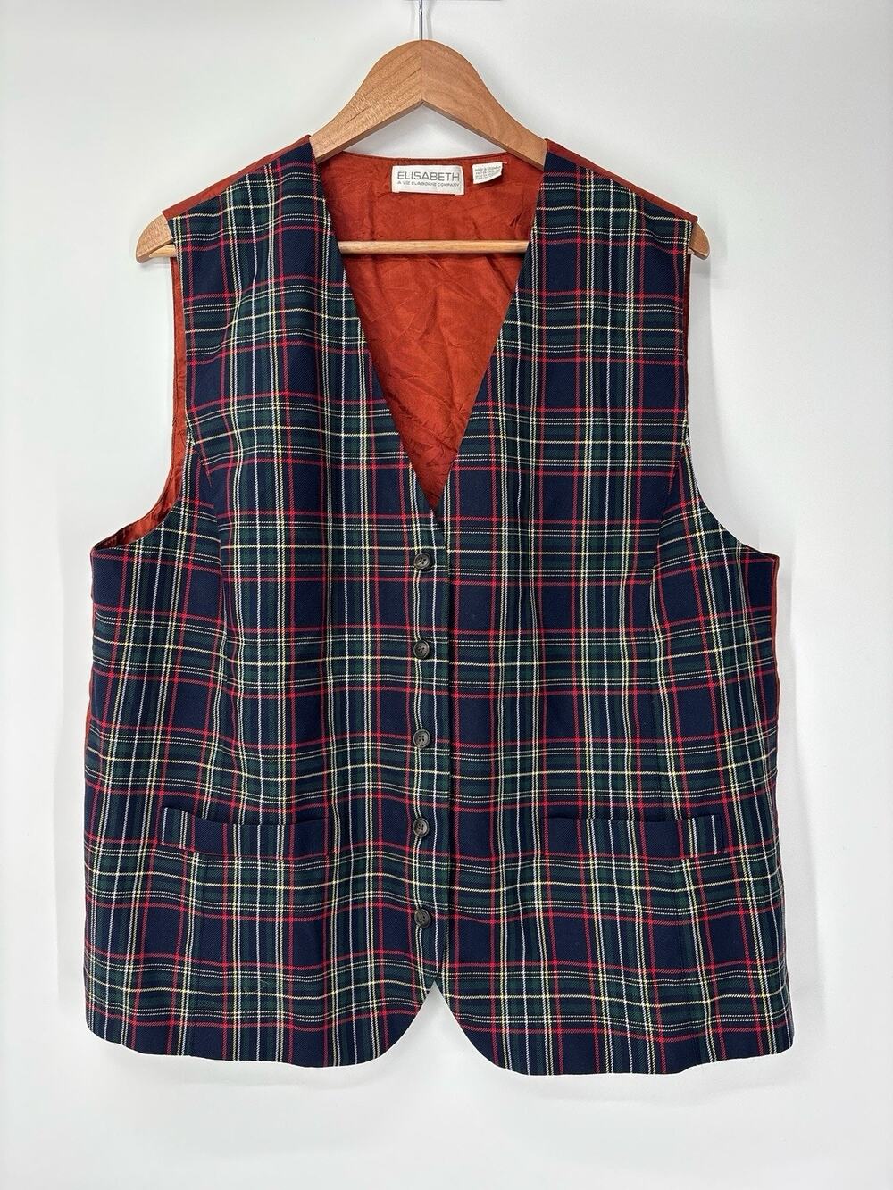 Vintage Liz Claiborne Wool Plaid Vest 1990s Size 1 Preppy Green Orange Red Blue